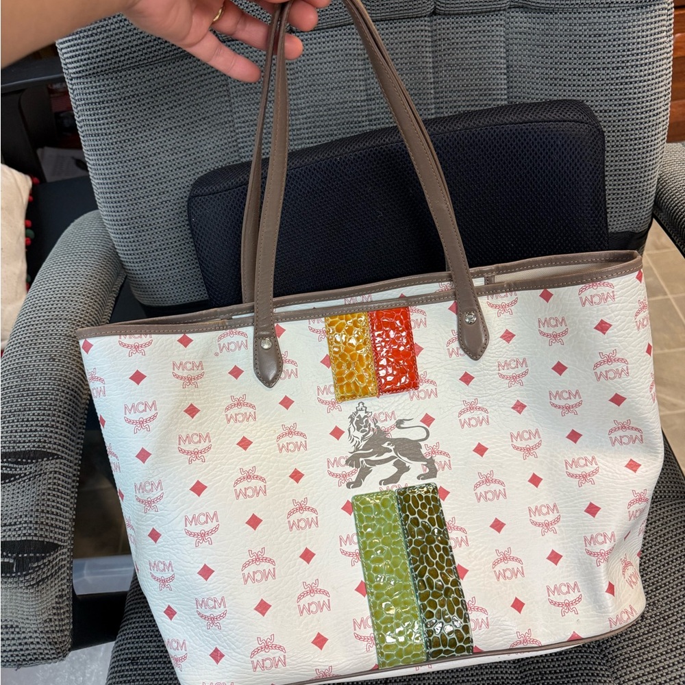 MCM White and Brown Tote with Signature Monogram
